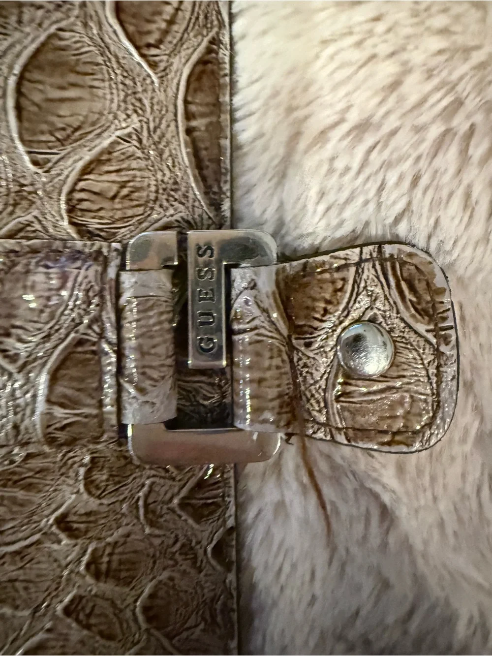 GUESS Metallic Taupe Croc-Embossed Clutch with Buckle